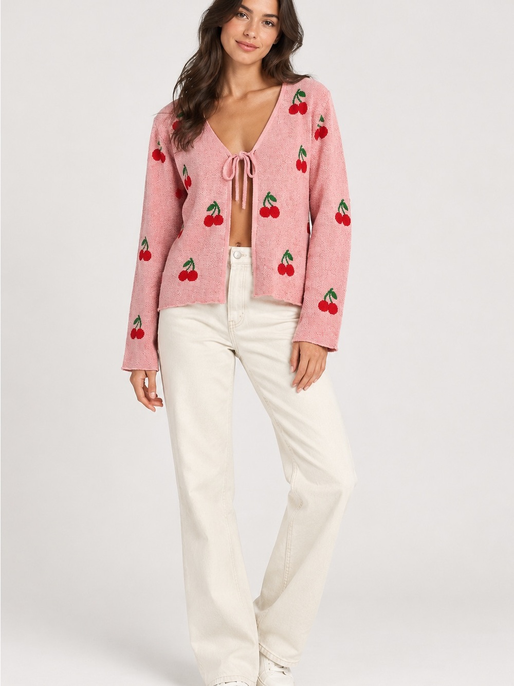 Tie-Front Pink Cherry-Print Knit Cardigan
